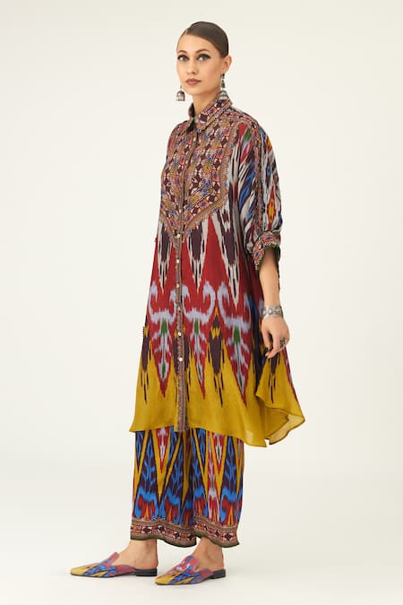 Buy_Rajdeep Ranawat_Yellow Silk Beads Shawl Neck Kamara Geometric Pattern Long Shirt_Online_at_Aza_Fashions