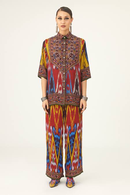 Rajdeep Ranawat Yellow Silk Beads Shawl Neck Maizah Geometric Pattern Shirt Online at Aza Fashions Rajdeep Ranawat_Yellow Silk Beads Shawl Neck Maizah Geometric Pattern Shirt_Online_at_Aza_Fashions