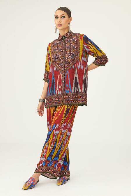 Buy Rajdeep Ranawat Yellow Silk Beads Shawl Neck Maizah Geometric Pattern Shirt Online at Aza Fashions Buy_Rajdeep Ranawat_Yellow Silk Beads Shawl Neck Maizah Geometric Pattern Shirt_Online_at_Aza_Fashions