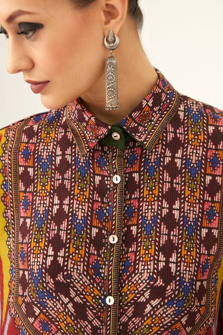 Shop Rajdeep Ranawat Yellow Silk Beads Shawl Neck Maizah Geometric Pattern Shirt Online at Aza Fashions Shop_Rajdeep Ranawat_Yellow Silk Beads Shawl Neck Maizah Geometric Pattern Shirt_Online_at_Aza_Fashions
