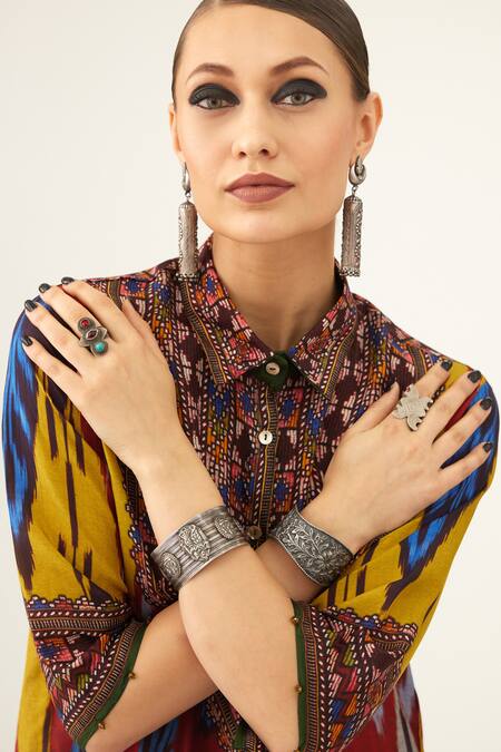 Rajdeep Ranawat Yellow Silk Beads Shawl Neck Maizah Geometric Pattern Shirt at Aza Fashions Rajdeep Ranawat_Yellow Silk Beads Shawl Neck Maizah Geometric Pattern Shirt_at_Aza_Fashions