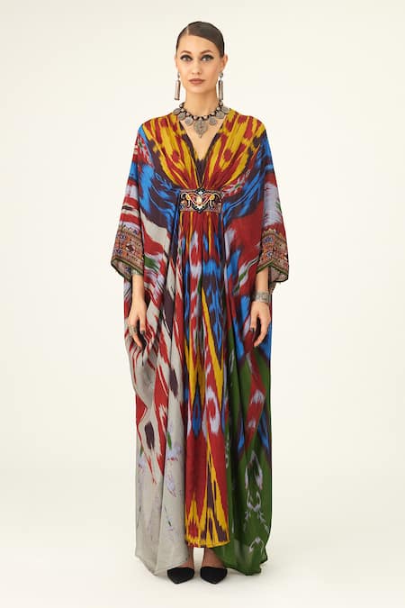 Rajdeep Ranawat Yellow Silk Embroidery V-neck Imama V Kaftan Online at Aza Fashions Rajdeep Ranawat_Yellow Silk Embroidery V-neck Imama V Kaftan_Online_at_Aza_Fashions