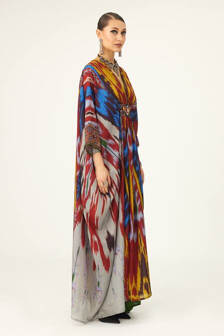 Buy Rajdeep Ranawat Yellow Silk Embroidery V-neck Imama V Kaftan Online at Aza Fashions Buy_Rajdeep Ranawat_Yellow Silk Embroidery V-neck Imama V Kaftan_Online_at_Aza_Fashions