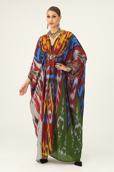 Shop Rajdeep Ranawat Yellow Silk Embroidery V-neck Imama V Kaftan Online at Aza Fashions Shop_Rajdeep Ranawat_Yellow Silk Embroidery V-neck Imama V Kaftan_Online_at_Aza_Fashions