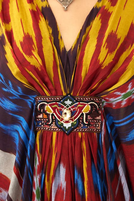 Buy Rajdeep Ranawat Yellow Silk Embroidery V-neck Imama V Kaftan Buy_Rajdeep Ranawat_Yellow Silk Embroidery V-neck Imama V Kaftan