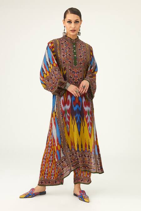 Rajdeep Ranawat Yellow Silk Embroidery Bandeau Neck Gayatri Long Tunic Online at Aza Fashions Rajdeep Ranawat_Yellow Silk Embroidery Bandeau Neck Gayatri Long Tunic_Online_at_Aza_Fashions