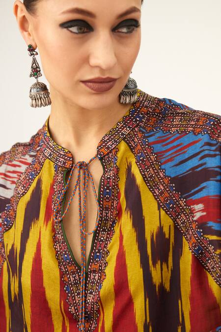 Shop Rajdeep Ranawat Yellow Silk Beads Mandarin Collar Ramona Poncho Online at Aza Fashions Shop_Rajdeep Ranawat_Yellow Silk Beads Mandarin Collar Ramona Poncho_Online_at_Aza_Fashions