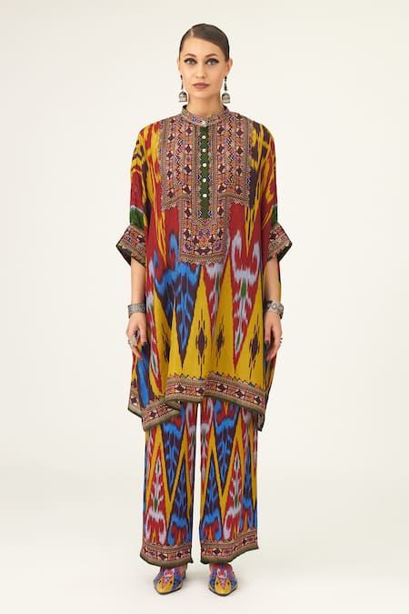 Rajdeep Ranawat Yellow Silk Beads Bandeau Neck Chanel Geometric Pattern Tunic Online at Aza Fashions Rajdeep Ranawat_Yellow Silk Beads Bandeau Neck Chanel Geometric Pattern Tunic_Online_at_Aza_Fashions