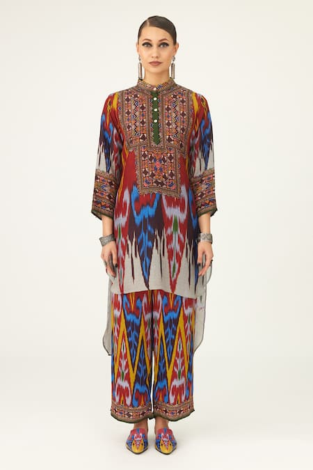 Rajdeep Ranawat_Yellow Silk Embroidery Bandeau Neck Baaka High Low Tunic_Online_at_Aza_Fashions