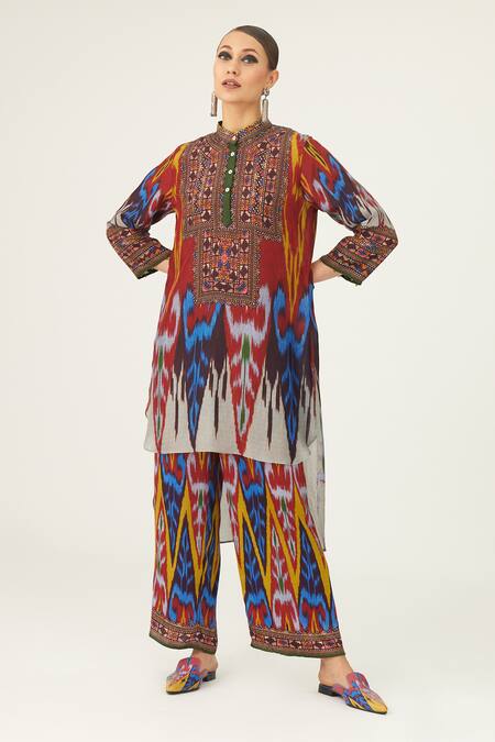 Buy_Rajdeep Ranawat_Yellow Silk Embroidery Bandeau Neck Baaka High Low Tunic_Online_at_Aza_Fashions