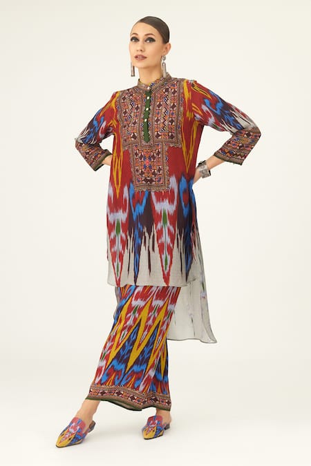 Shop_Rajdeep Ranawat_Yellow Silk Embroidery Bandeau Neck Baaka High Low Tunic_Online_at_Aza_Fashions