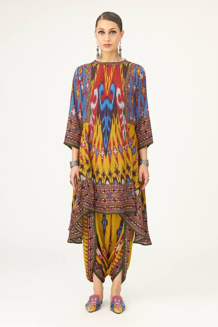 Rajdeep Ranawat_Yellow Silk Embroidery Round Neck Aamilah Asymmetric Tunic_Online_at_Aza_Fashions