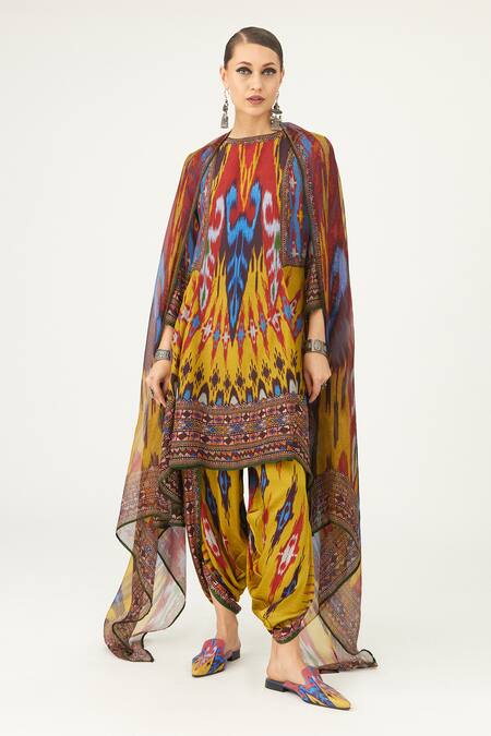 Shop_Rajdeep Ranawat_Yellow Silk Embroidery Round Neck Aamilah Asymmetric Tunic_Online_at_Aza_Fashions