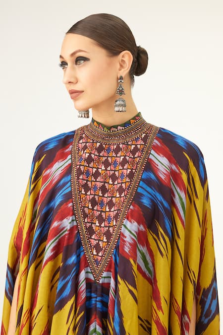 Buy Rajdeep Ranawat Yellow Silk High Neck Farah Printed Draped Dress Online at Aza Fashions Buy_Rajdeep Ranawat_Yellow Silk High Neck Farah Printed Draped Dress_Online_at_Aza_Fashions