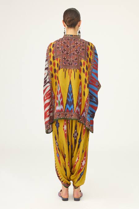 Shop Rajdeep Ranawat Yellow Silk Embroidery Bandeau Neck Abstract Print Tunic at Aza Fashions Shop_Rajdeep Ranawat_Yellow Silk Embroidery Bandeau Neck Abstract Print Tunic_at_Aza_Fashions