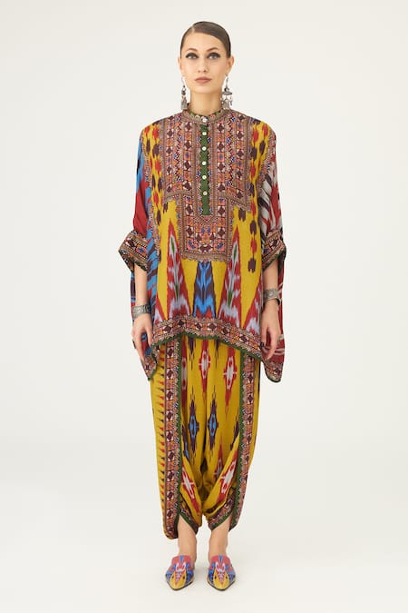 Rajdeep Ranawat Yellow Silk Embroidery Bandeau Neck Abstract Print Tunic Online at Aza Fashions Rajdeep Ranawat_Yellow Silk Embroidery Bandeau Neck Abstract Print Tunic_Online_at_Aza_Fashions