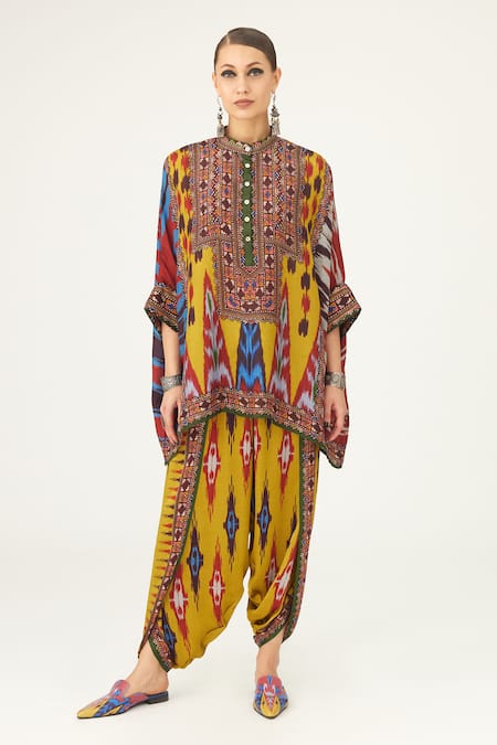 Buy Rajdeep Ranawat Yellow Silk Embroidery Bandeau Neck Abstract Print Tunic Online at Aza Fashions Buy_Rajdeep Ranawat_Yellow Silk Embroidery Bandeau Neck Abstract Print Tunic_Online_at_Aza_Fashions