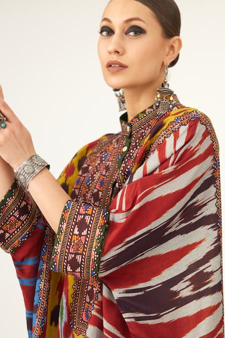 Shop Rajdeep Ranawat Yellow Silk Embroidery Bandeau Neck Abstract Print Tunic Online at Aza Fashions Shop_Rajdeep Ranawat_Yellow Silk Embroidery Bandeau Neck Abstract Print Tunic_Online_at_Aza_Fashions