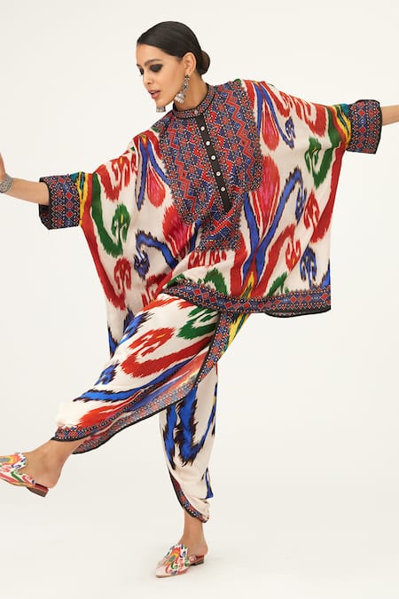 Rajdeep Ranawat Multi Color Abstract Band Collar Chanel Printed Silk Tunic 