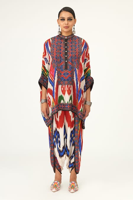 Rajdeep Ranawat Multi Color Silk Embroidery Bandeau Neck Chanel Printed Tunic Online at Aza Fashions Rajdeep Ranawat_Multi Color Silk Embroidery Bandeau Neck Chanel Printed Tunic_Online_at_Aza_Fashions