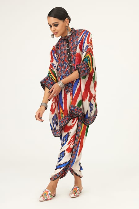 Shop Rajdeep Ranawat Multi Color Silk Embroidery Bandeau Neck Chanel Printed Tunic Online at Aza Fashions Shop_Rajdeep Ranawat_Multi Color Silk Embroidery Bandeau Neck Chanel Printed Tunic_Online_at_Aza_Fashions