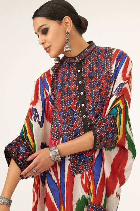 Rajdeep Ranawat Multi Color Silk Embroidery Bandeau Neck Chanel Printed Tunic at Aza Fashions Rajdeep Ranawat_Multi Color Silk Embroidery Bandeau Neck Chanel Printed Tunic_at_Aza_Fashions