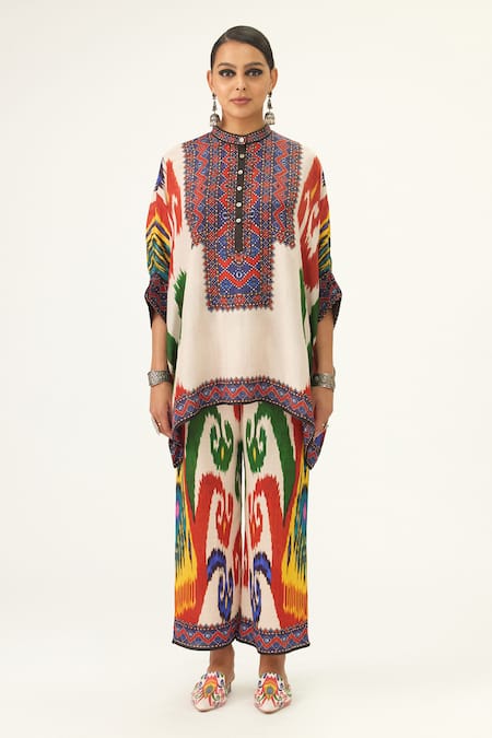 Rajdeep Ranawat_Multi Color Silk Embroidery Bandeau Neck Chanel Abstract Print Tunic_Online_at_Aza_Fashions