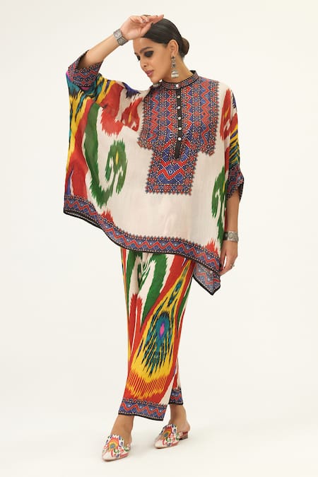 Buy_Rajdeep Ranawat_Multi Color Silk Embroidery Bandeau Neck Chanel Abstract Print Tunic_Online_at_Aza_Fashions