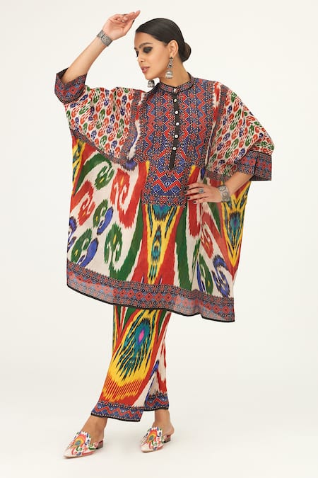 Rajdeep Ranawat Multi Color Silk Printed Abstract Band Collar Chanel Tunic  