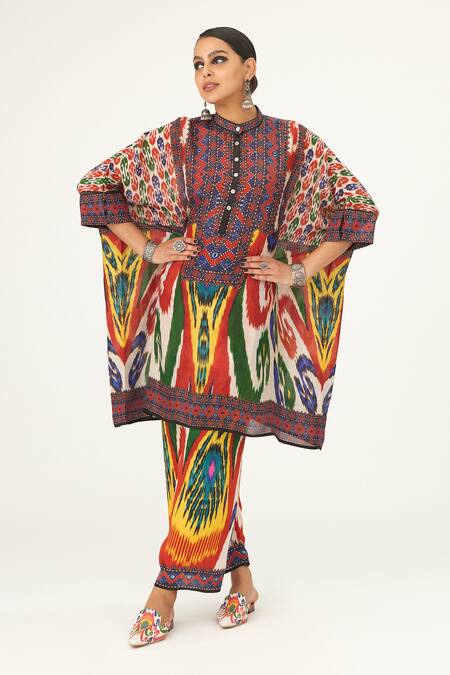 Buy Rajdeep Ranawat Multi Color Silk Bandeau Neck Chanel Abstract Print Tunic Online at Aza Fashions Buy_Rajdeep Ranawat_Multi Color Silk Bandeau Neck Chanel Abstract Print Tunic_Online_at_Aza_Fashions