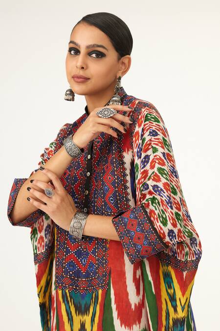 Shop Rajdeep Ranawat Multi Color Silk Bandeau Neck Chanel Abstract Print Tunic Online at Aza Fashions Shop_Rajdeep Ranawat_Multi Color Silk Bandeau Neck Chanel Abstract Print Tunic_Online_at_Aza_Fashions