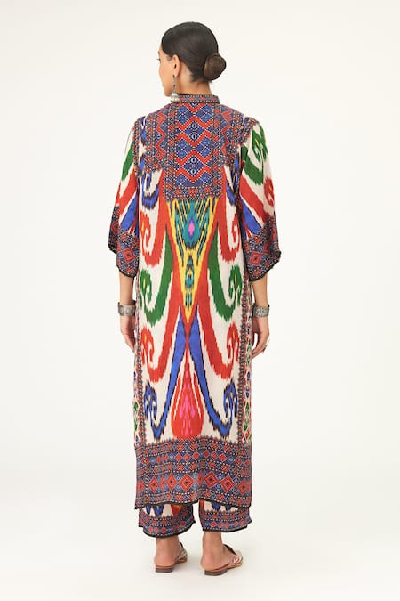 Shop Rajdeep Ranawat Multi Color Silk Bandeau Neck Ghazala Abstract Print Tunic at Aza Fashions Shop_Rajdeep Ranawat_Multi Color Silk Bandeau Neck Ghazala Abstract Print Tunic_at_Aza_Fashions