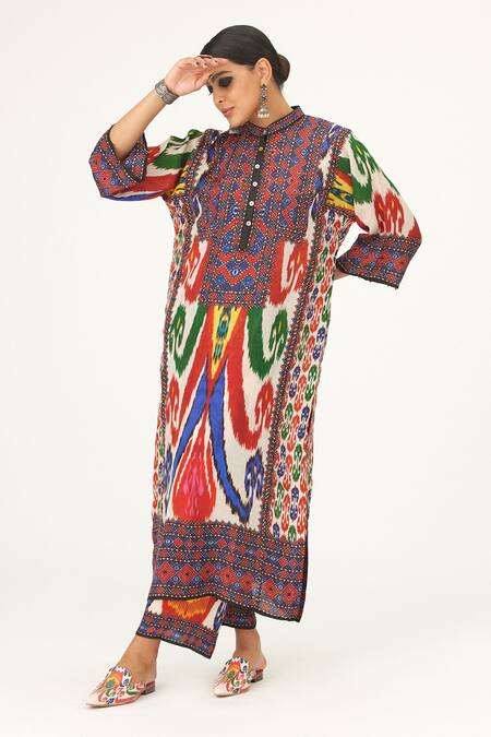 Rajdeep Ranawat Multi Color Silk Bandeau Neck Ghazala Abstract Print Tunic Online at Aza Fashions Rajdeep Ranawat_Multi Color Silk Bandeau Neck Ghazala Abstract Print Tunic_Online_at_Aza_Fashions