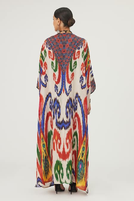 Shop Rajdeep Ranawat Multi Color Silk V-neck Imama Abstract Print Kaftan at Aza Fashions Shop_Rajdeep Ranawat_Multi Color Silk V-neck Imama Abstract Print Kaftan_at_Aza_Fashions