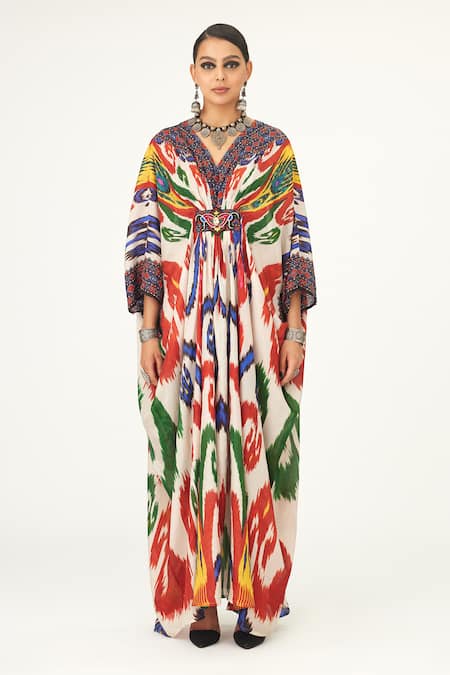 Rajdeep Ranawat Multi Color Silk V-neck Imama Abstract Print Kaftan Online at Aza Fashions Rajdeep Ranawat_Multi Color Silk V-neck Imama Abstract Print Kaftan_Online_at_Aza_Fashions
