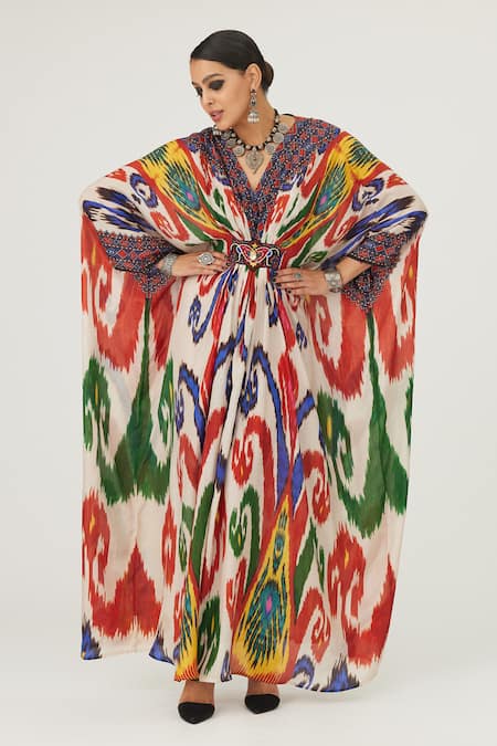 Shop Rajdeep Ranawat Multi Color Silk V-neck Imama Abstract Print Kaftan Online at Aza Fashions Shop_Rajdeep Ranawat_Multi Color Silk V-neck Imama Abstract Print Kaftan_Online_at_Aza_Fashions