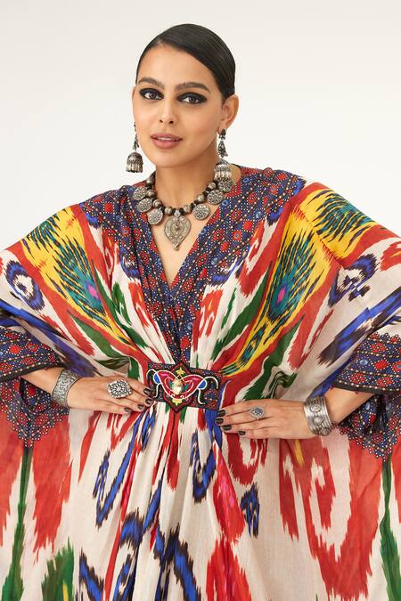 Rajdeep Ranawat Multi Color Silk V-neck Imama Abstract Print Kaftan at Aza Fashions Rajdeep Ranawat_Multi Color Silk V-neck Imama Abstract Print Kaftan_at_Aza_Fashions