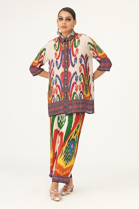 Rajdeep Ranawat Multi Color Silk Printed Abstract Collared Neck Maizah Cropped Shirt  