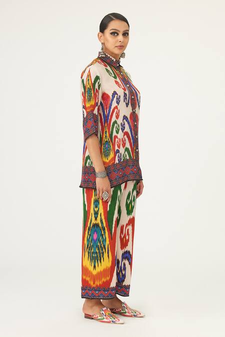 Rajdeep Ranawat_Multi Color Silk Collared Maizah Abstract Print Cropped Shirt_Online_at_Aza_Fashions