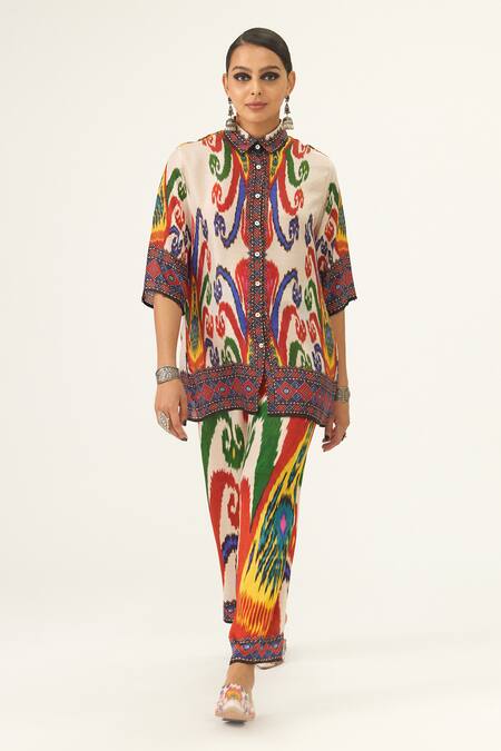 Buy_Rajdeep Ranawat_Multi Color Silk Collared Maizah Abstract Print Cropped Shirt_Online_at_Aza_Fashions