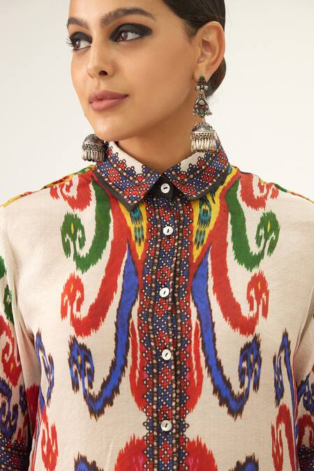 Shop_Rajdeep Ranawat_Multi Color Silk Collared Maizah Abstract Print Cropped Shirt_Online_at_Aza_Fashions