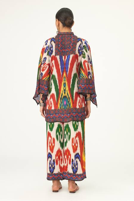 Shop Rajdeep Ranawat Multi Color Silk Bandeau Neck Nylla Abstract Print Tunic at Aza Fashions Shop_Rajdeep Ranawat_Multi Color Silk Bandeau Neck Nylla Abstract Print Tunic_at_Aza_Fashions