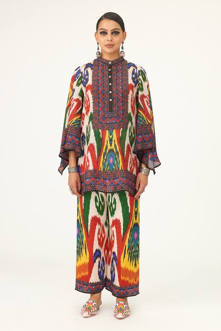 Rajdeep Ranawat Multi Color Silk Bandeau Neck Nylla Abstract Print Tunic Online at Aza Fashions Rajdeep Ranawat_Multi Color Silk Bandeau Neck Nylla Abstract Print Tunic_Online_at_Aza_Fashions