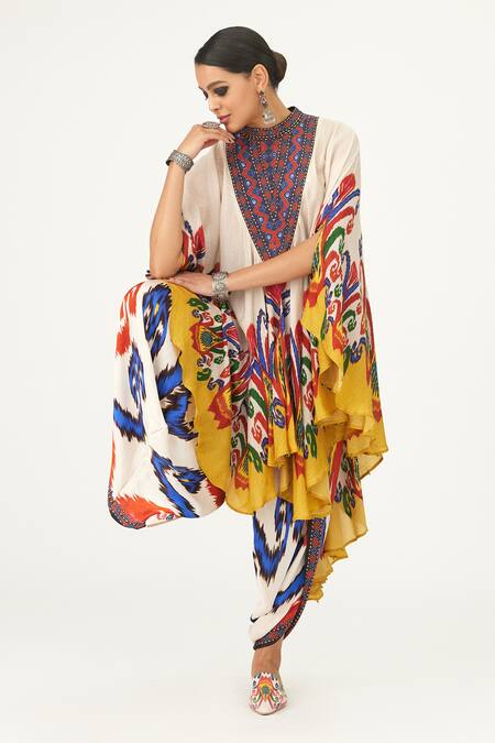 Buy_Rajdeep Ranawat_Multi Color Silk High Neck Farah Printed Draped Dress_Online_at_Aza_Fashions