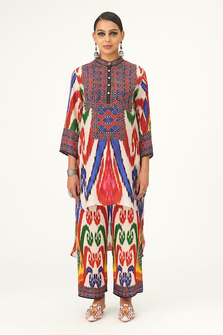 Rajdeep Ranawat_Multi Color Silk Embroidery High Neck Farah Printed High-low Tunic_Online_at_Aza_Fashions