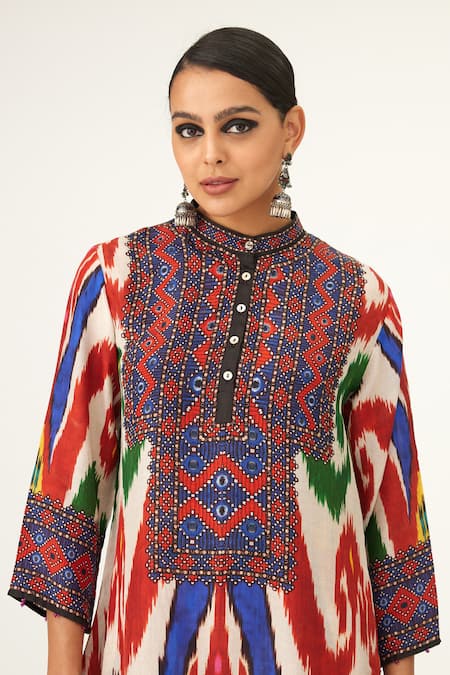 Buy_Rajdeep Ranawat_Multi Color Silk Embroidery High Neck Farah Printed High-low Tunic_Online_at_Aza_Fashions