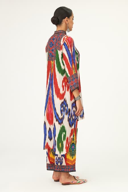 Rajdeep Ranawat_Multi Color Silk Embroidery High Neck Farah Printed High-low Tunic_at_Aza_Fashions