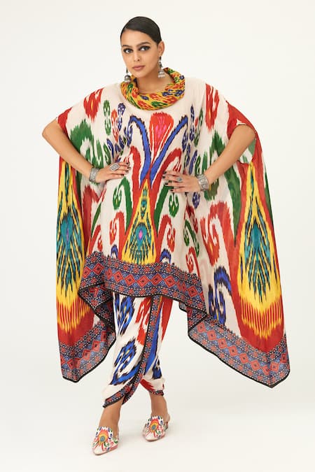 Rajdeep Ranawat Multi Color Silk Printed Abstract Cowl Neck Lavanya Draped Tunic  