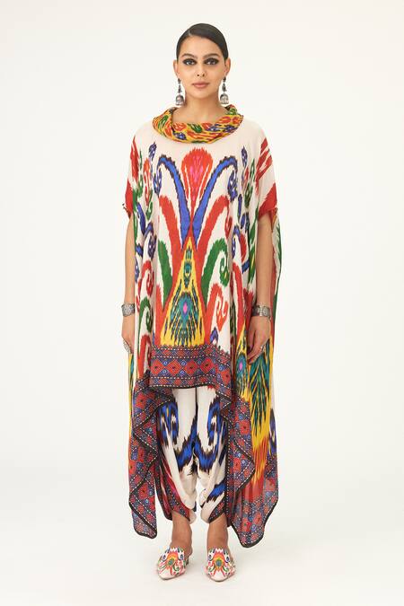 Rajdeep Ranawat_Multi Color Silk Cowl Neck Lavanya Abstract Print Draped Tunic_Online_at_Aza_Fashions