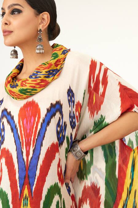 Buy_Rajdeep Ranawat_Multi Color Silk Cowl Neck Lavanya Abstract Print Draped Tunic_Online_at_Aza_Fashions